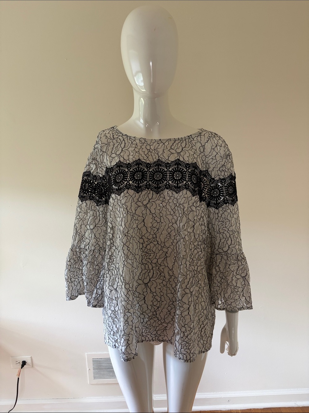 LOFT White Lace Blouse with Black Crochet Trim
